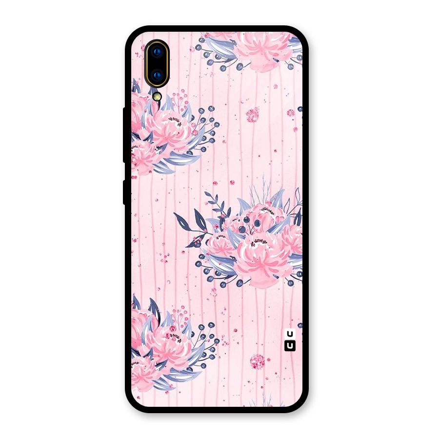 Pink Floral and Stripes Glass Back Case for Vivo V11 Pro