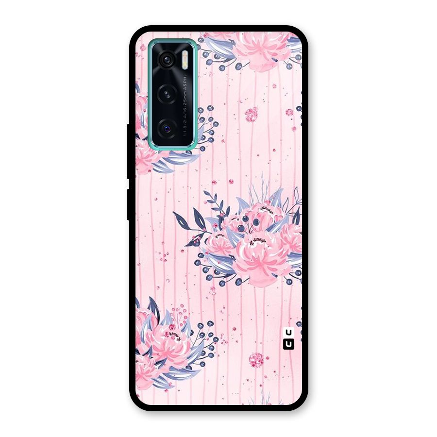 Pink Floral and Stripes Glass Back Case for Vivo V20 SE