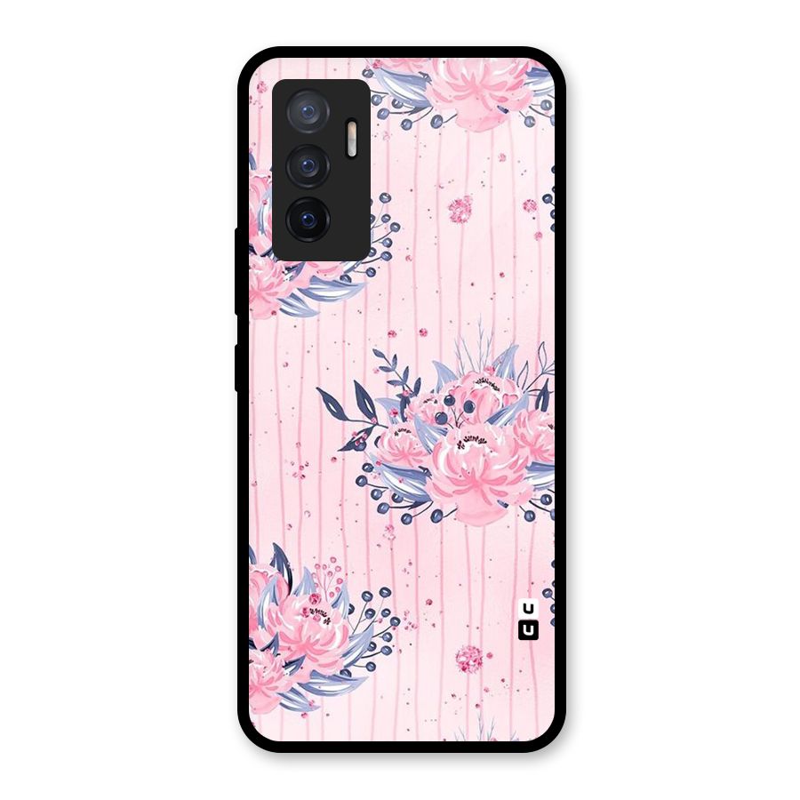 Pink Floral and Stripes Glass Back Case for Vivo V23e