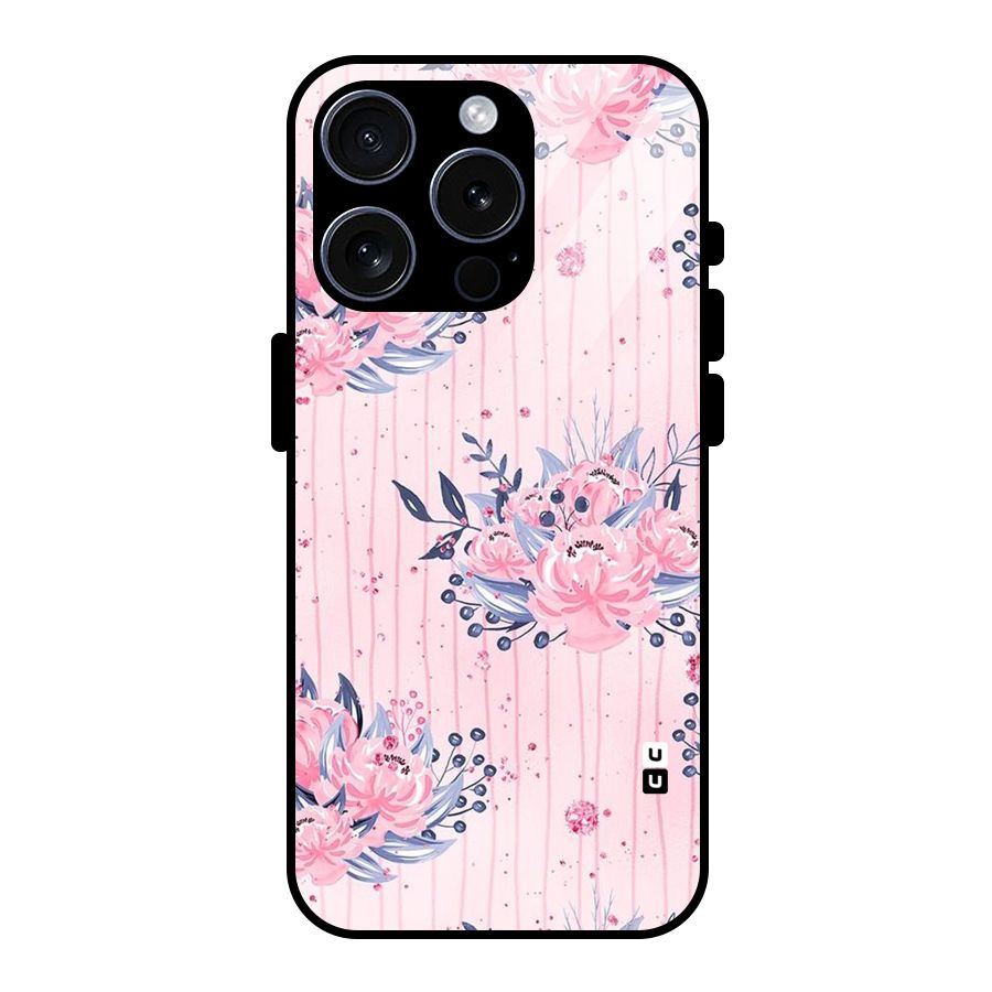 Pink Floral and Stripes Glass Back Case for iPhone 15 Pro