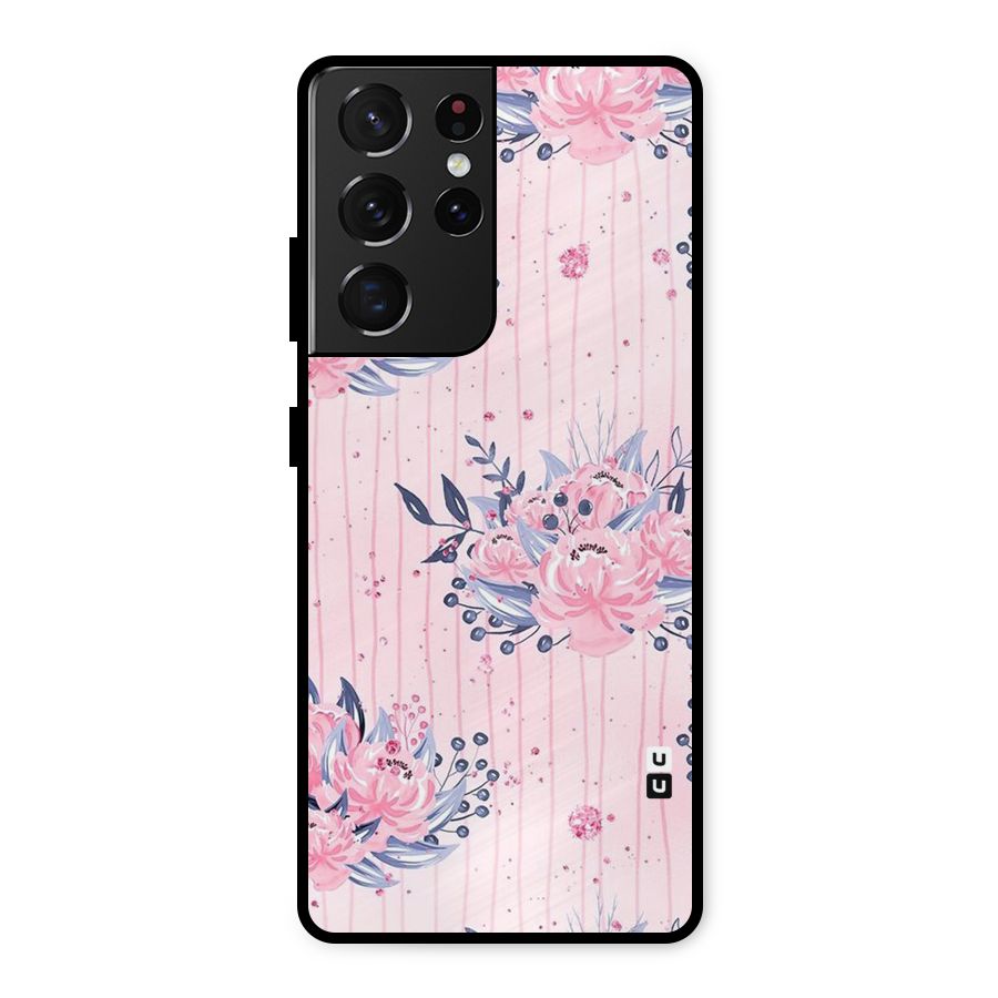 Pink Floral and Stripes Metal Back Case for Galaxy S21 Ultra 5G