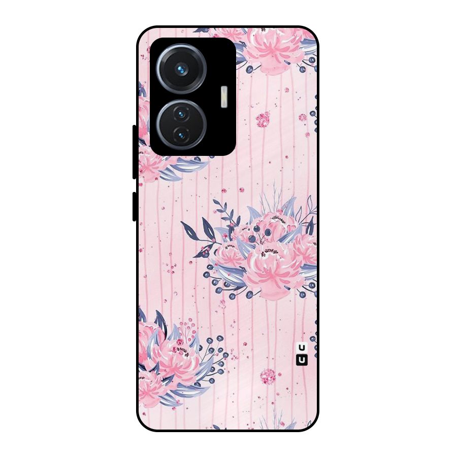 Pink Floral and Stripes Metal Back Case for Vivo T1 44W