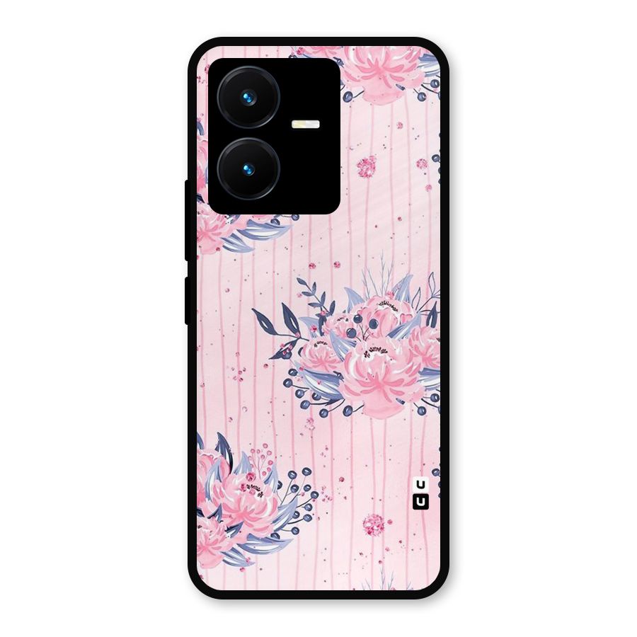 Pink Floral and Stripes Metal Back Case for Vivo Y22
