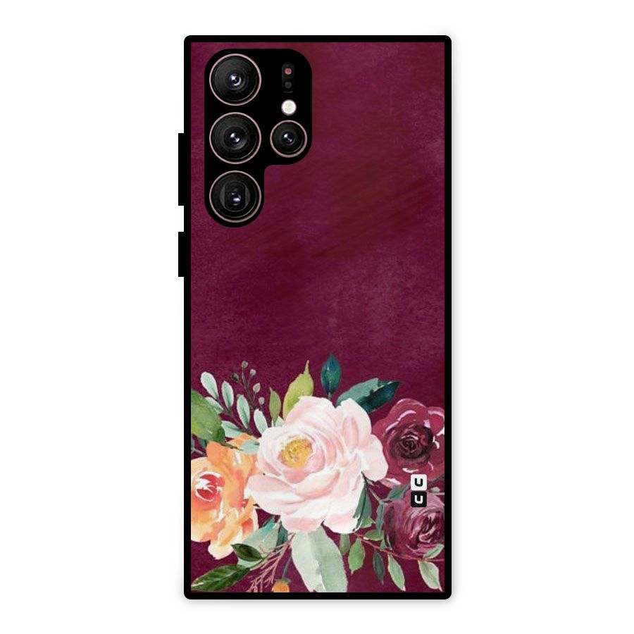 Plum Floral Design Metal Back Case for Galaxy S22 Ultra 5G