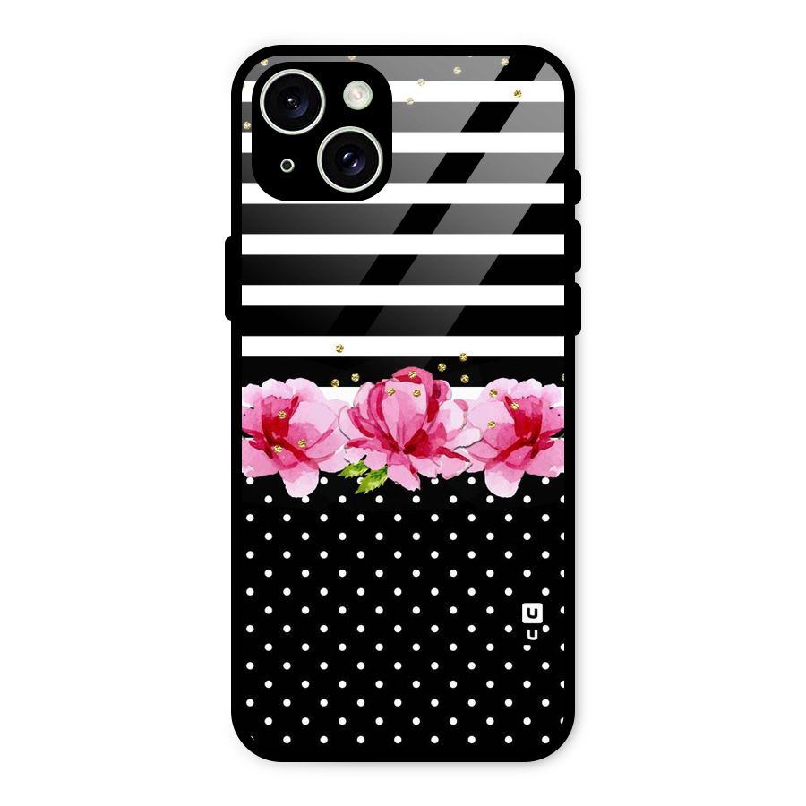 Polka Floral Stripes Glass Back Case for iPhone 15 Plus