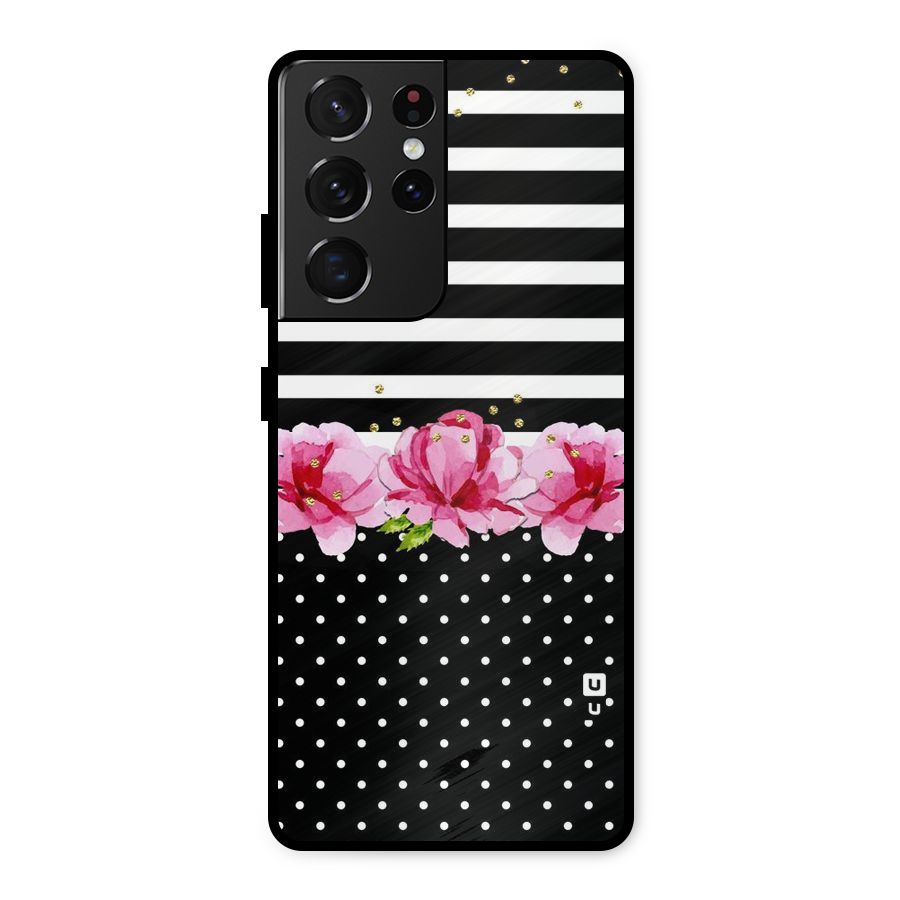 Polka Floral Stripes Metal Back Case for Galaxy S21 Ultra 5G