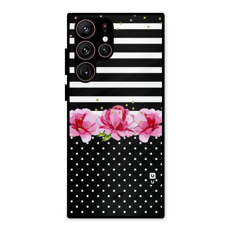 Polka Floral Stripes Metal Back Case for Galaxy S22 Ultra 5G