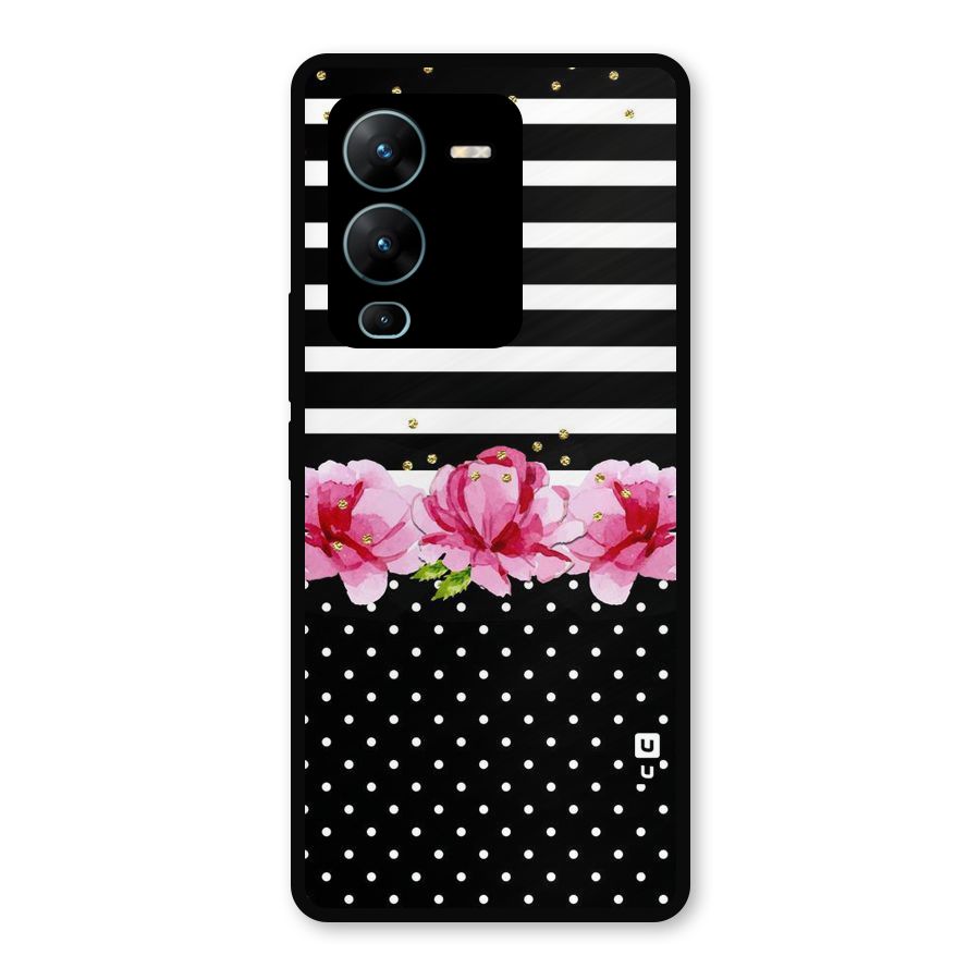 Polka Floral Stripes Metal Back Case for Vivo V25 Pro