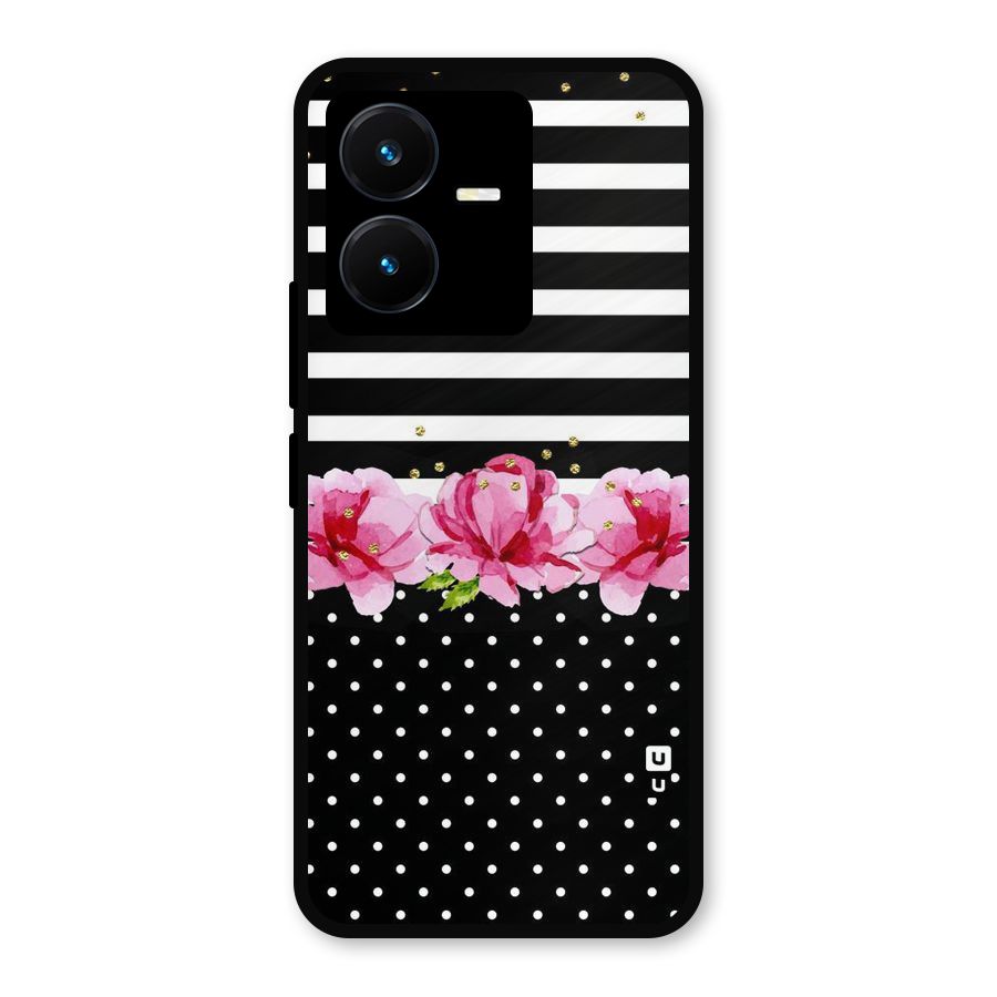 Polka Floral Stripes Metal Back Case for Vivo Y22s
