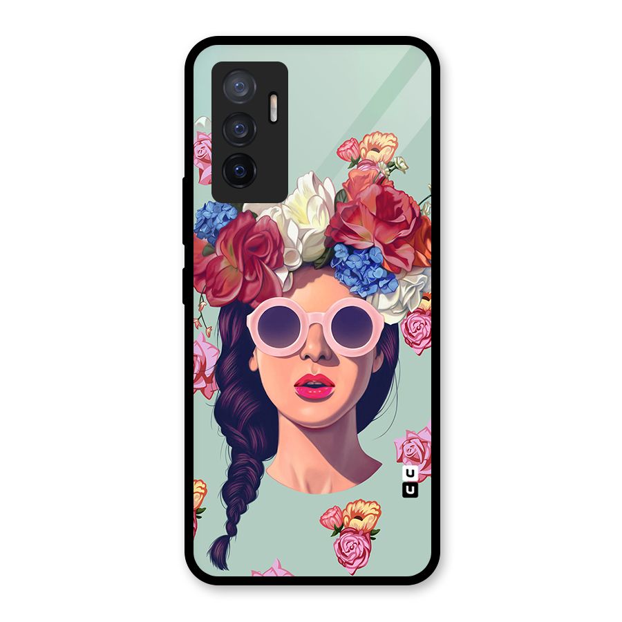 Pretty Girl Florals Illustration Art Glass Back Case for Vivo V23e