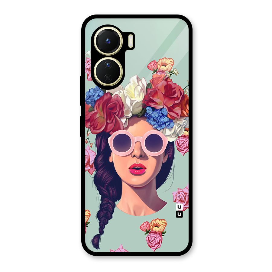Pretty Girl Florals Illustration Art Glass Back Case for Vivo Y16