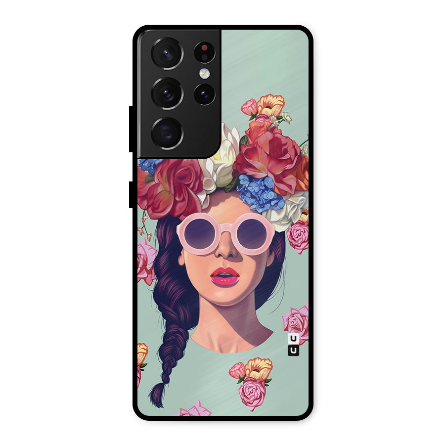 Pretty Girl Florals Illustration Art Metal Back Case for Galaxy S21 Ultra 5G