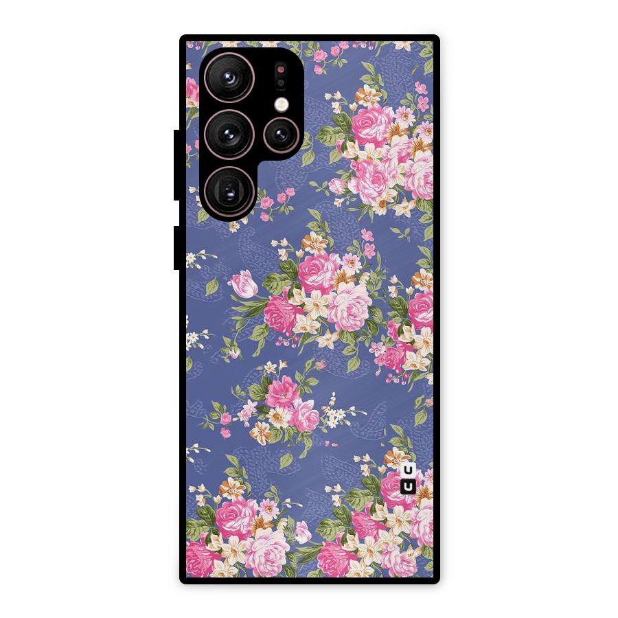 Purple Pink Floral Metal Back Case for Galaxy S22 Ultra 5G