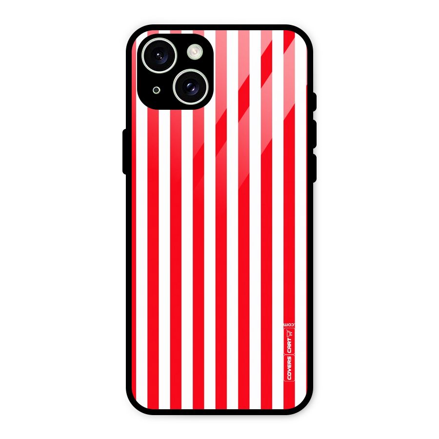 Red And White Straight Stripes Glass Back Case for iPhone 15 Plus