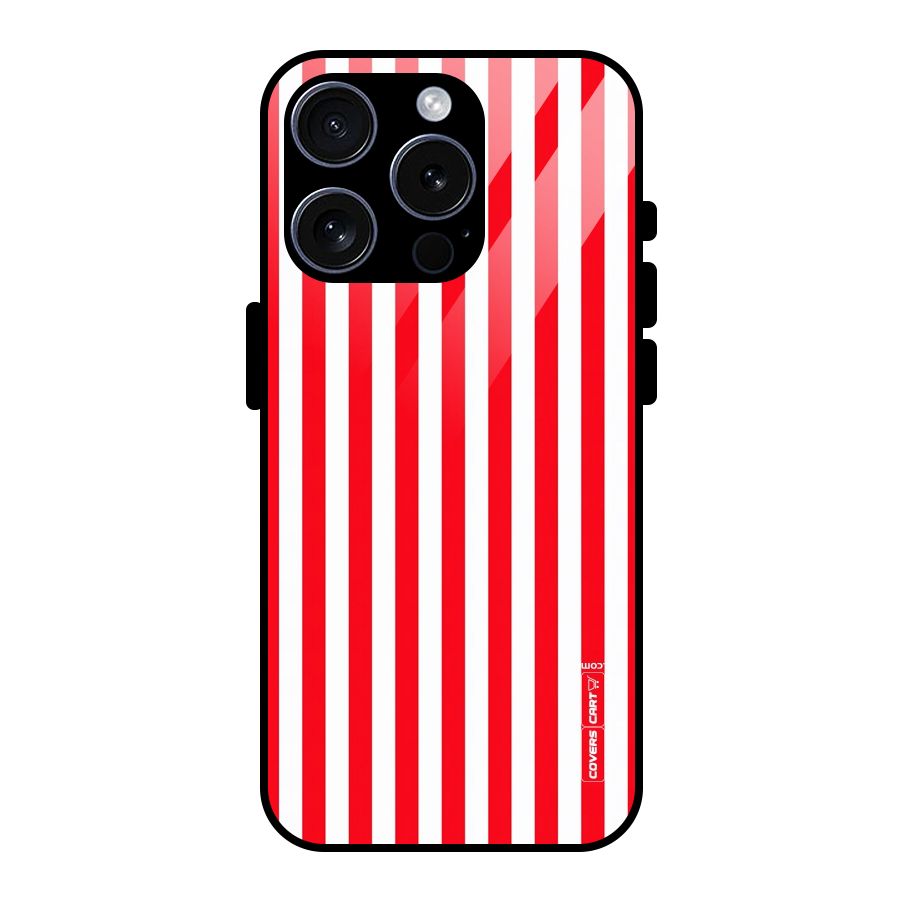 Red And White Straight Stripes Glass Back Case for iPhone 15 Pro