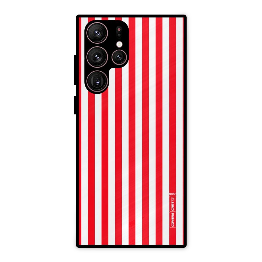 Red And White Straight Stripes Metal Back Case for Galaxy S22 Ultra 5G