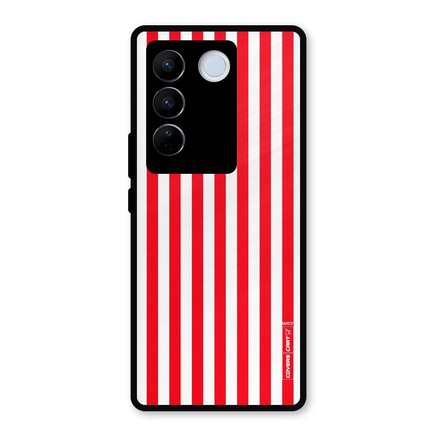 Red And White Straight Stripes Metal Back Case for Vivo V27 Pro