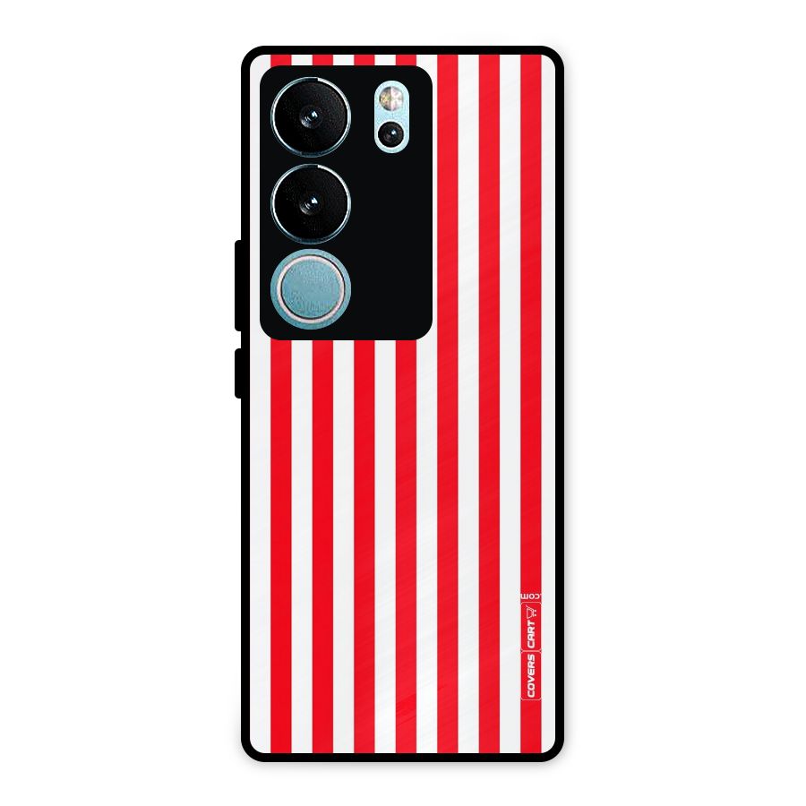 Red And White Straight Stripes Metal Back Case for Vivo V29 Pro