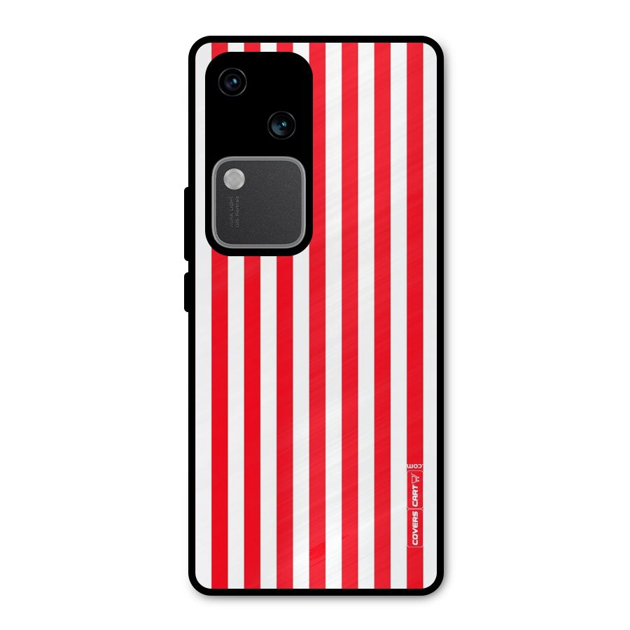 Red And White Straight Stripes Metal Back Case for Vivo V30