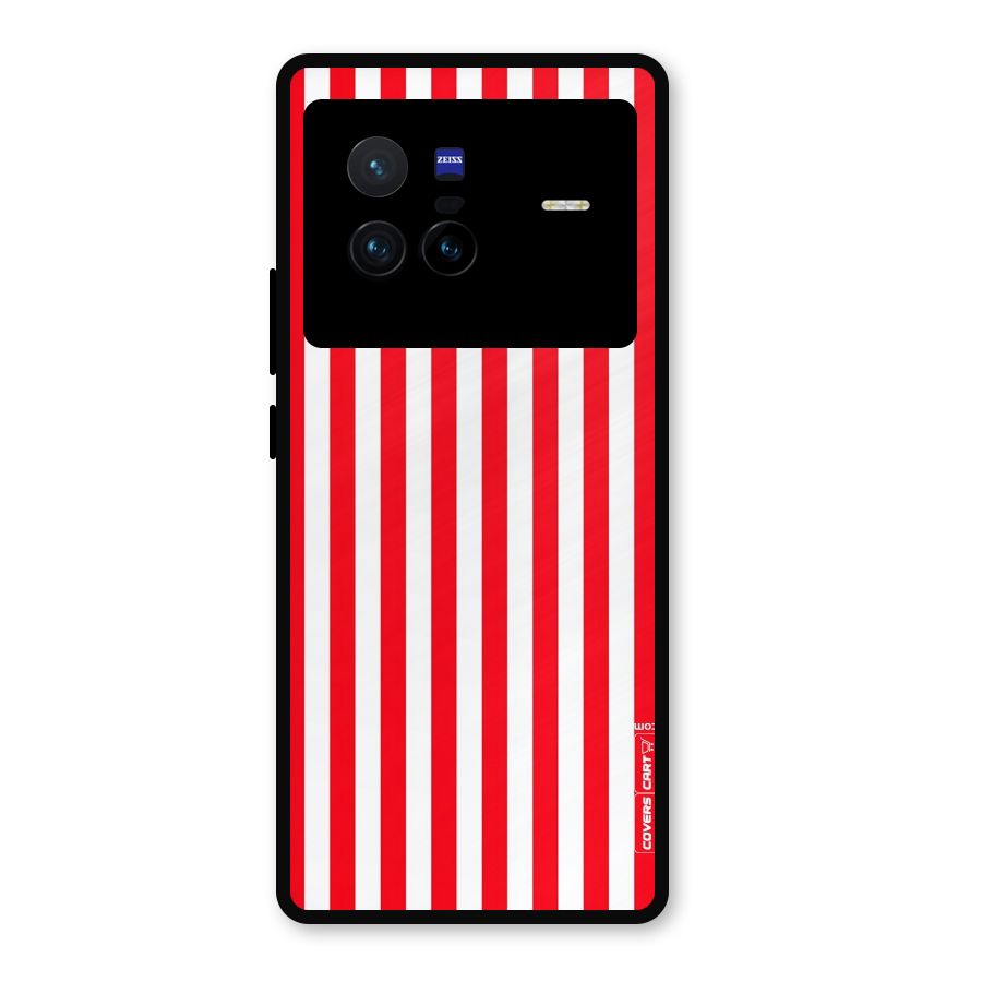 Red And White Straight Stripes Metal Back Case for Vivo X80