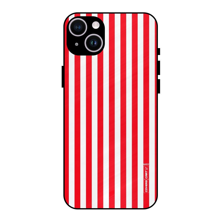 Red And White Straight Stripes Metal Back Case for iPhone 14 Plus