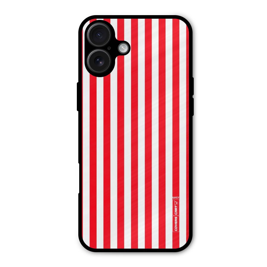Red And White Straight Stripes Metal Back Case for iPhone 16 Plus