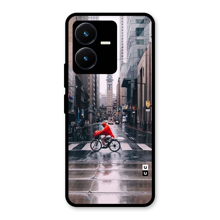 Red Bicycle Street Glass Back Case for Vivo Y22s