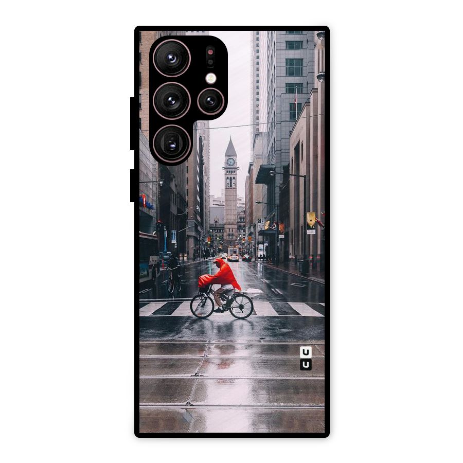 Red Bicycle Street Metal Back Case for Galaxy S22 Ultra 5G