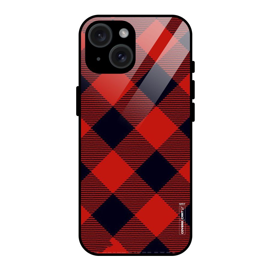 Red Diagonal Check Glass Back Case for iPhone 15