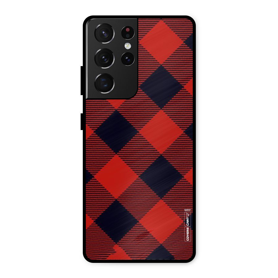 Red Diagonal Check Metal Back Case for Galaxy S21 Ultra 5G