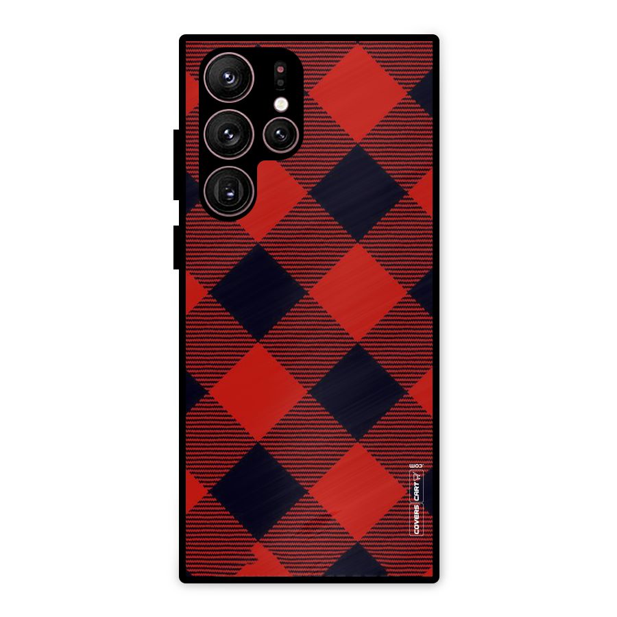 Red Diagonal Check Metal Back Case for Galaxy S22 Ultra 5G
