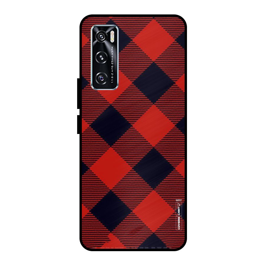 Red Diagonal Check Metal Back Case for Vivo V20 SE