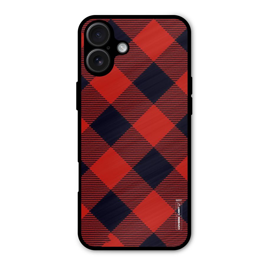 Red Diagonal Check Metal Back Case for iPhone 16 Plus