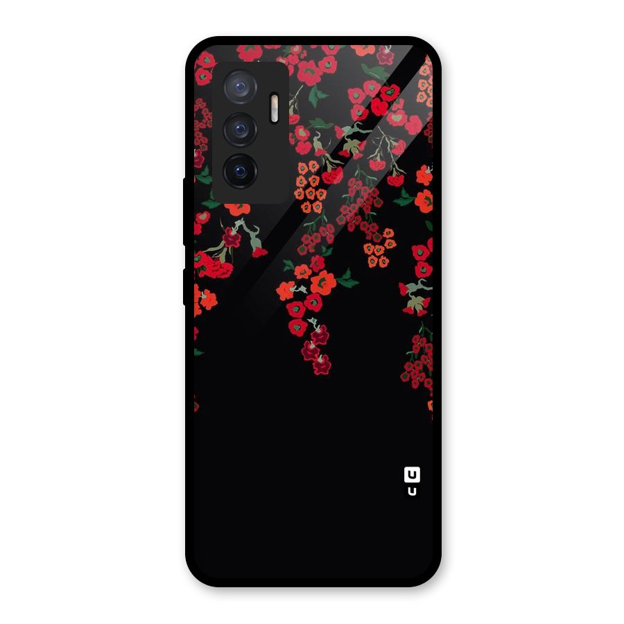 Red Floral Pattern Glass Back Case for Vivo V23e