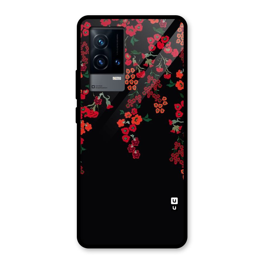 Red Floral Pattern Glass Back Case for iQOO 9 5G