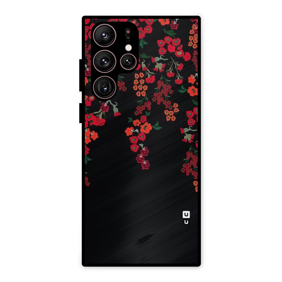 Red Floral Pattern Metal Back Case for Galaxy S22 Ultra 5G