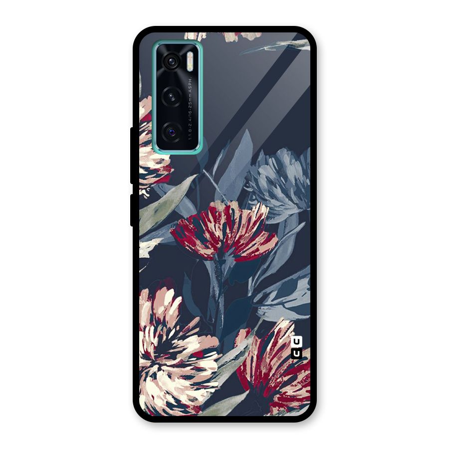Red Rugged Floral Pattern Glass Back Case for Vivo V20 SE