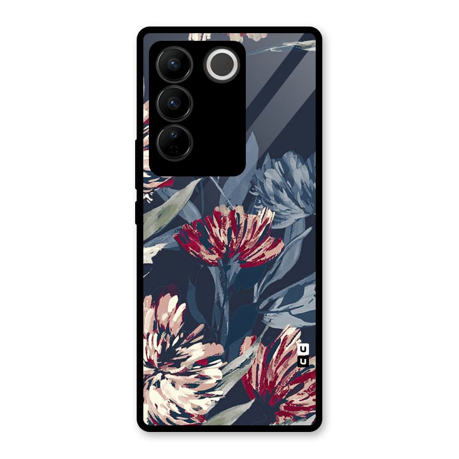 Red Rugged Floral Pattern Glass Back Case for Vivo V27 Pro