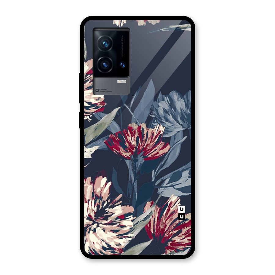 Red Rugged Floral Pattern Glass Back Case for iQOO 9 5G