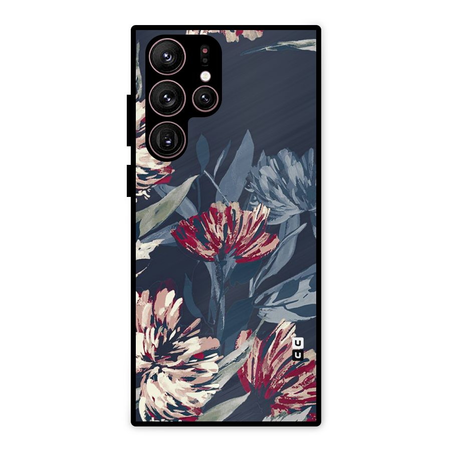 Red Rugged Floral Pattern Metal Back Case for Galaxy S22 Ultra 5G