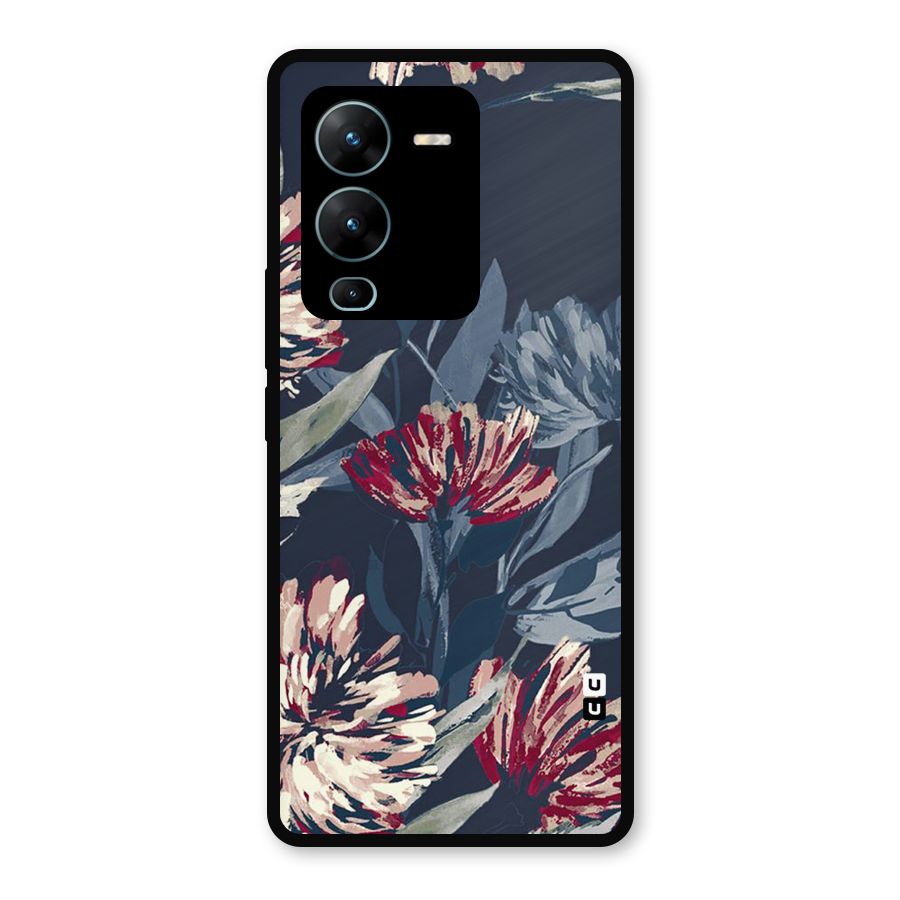 Red Rugged Floral Pattern Metal Back Case for Vivo V25 Pro
