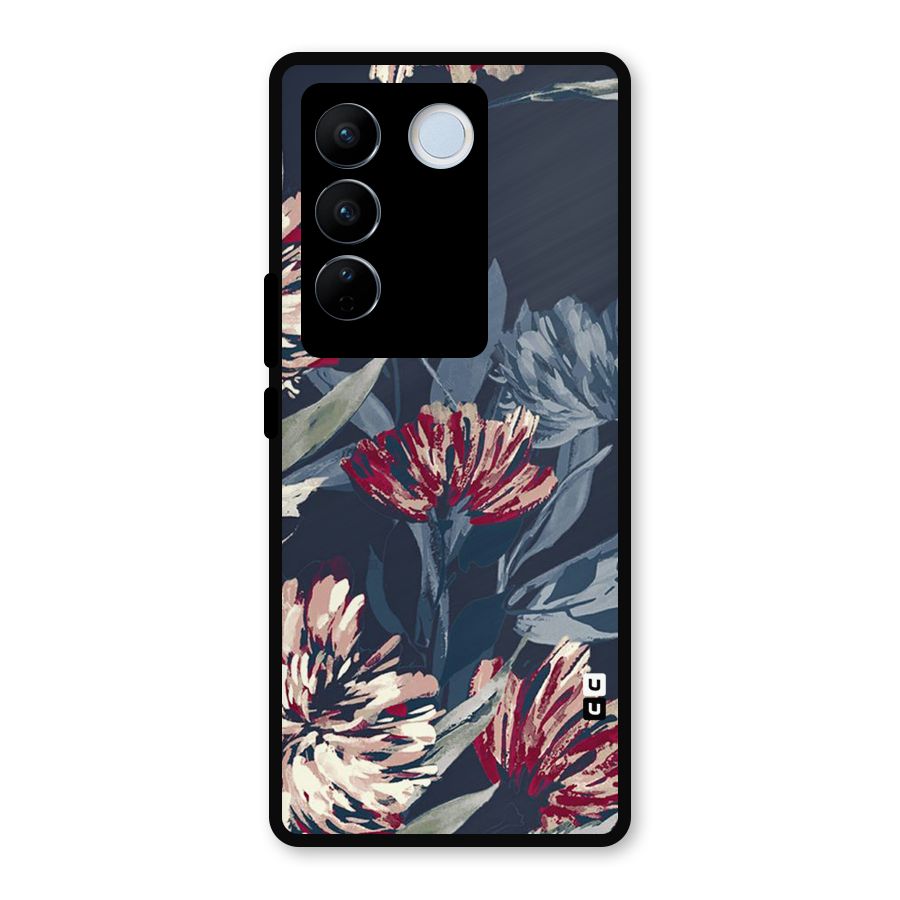 Red Rugged Floral Pattern Metal Back Case for Vivo V27 Pro