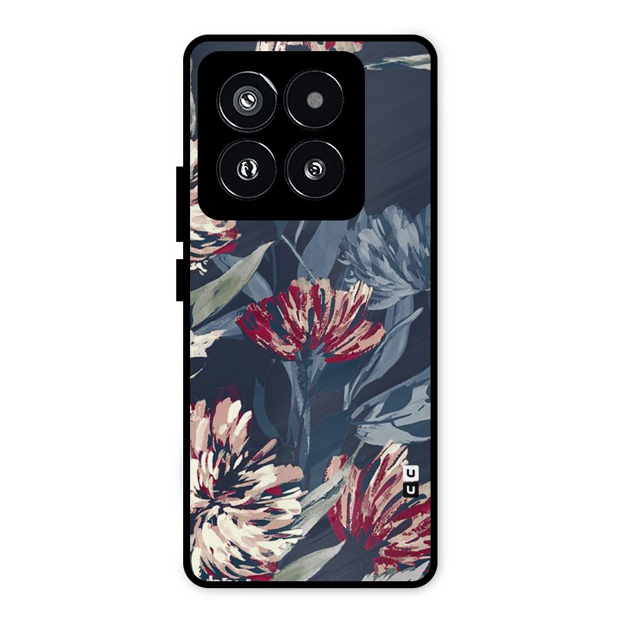Red Rugged Floral Pattern Metal Back Case for Xiaomi 14 Pro