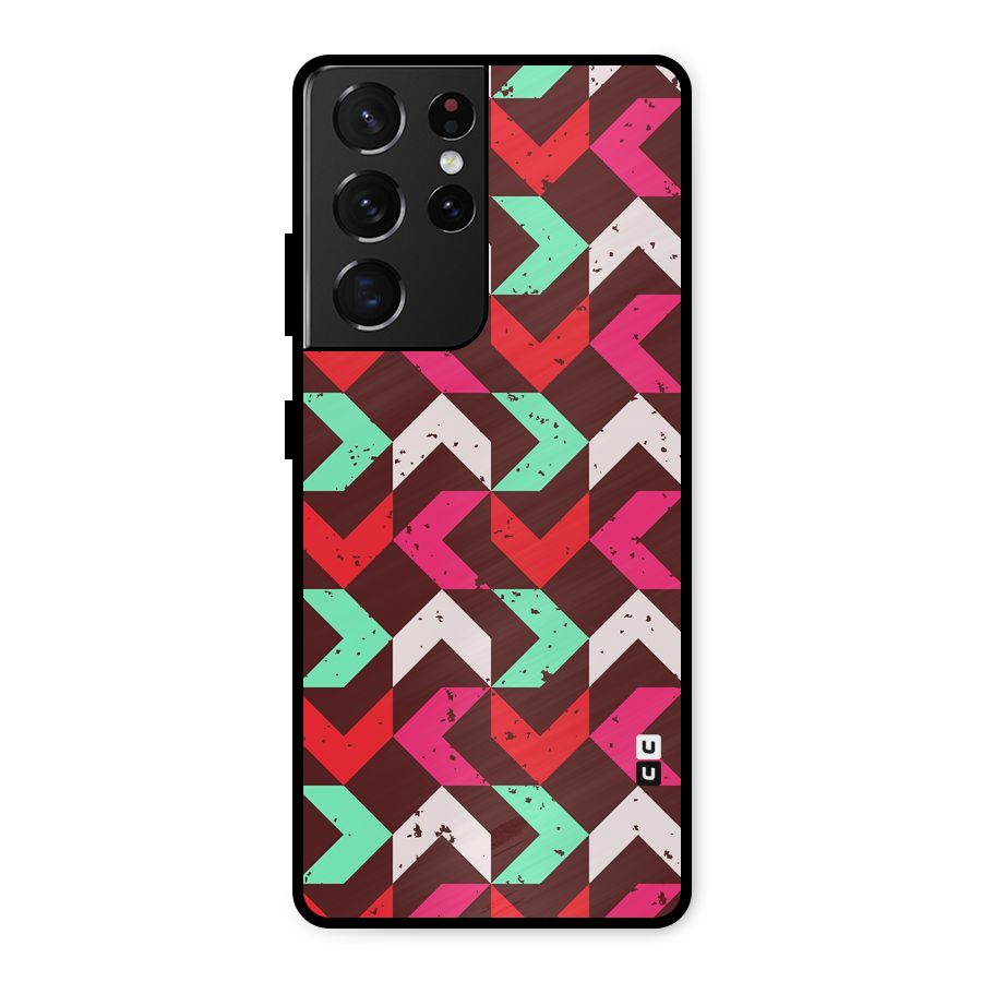 Retro Red Pink Pattern Metal Back Case for Galaxy S21 Ultra 5G