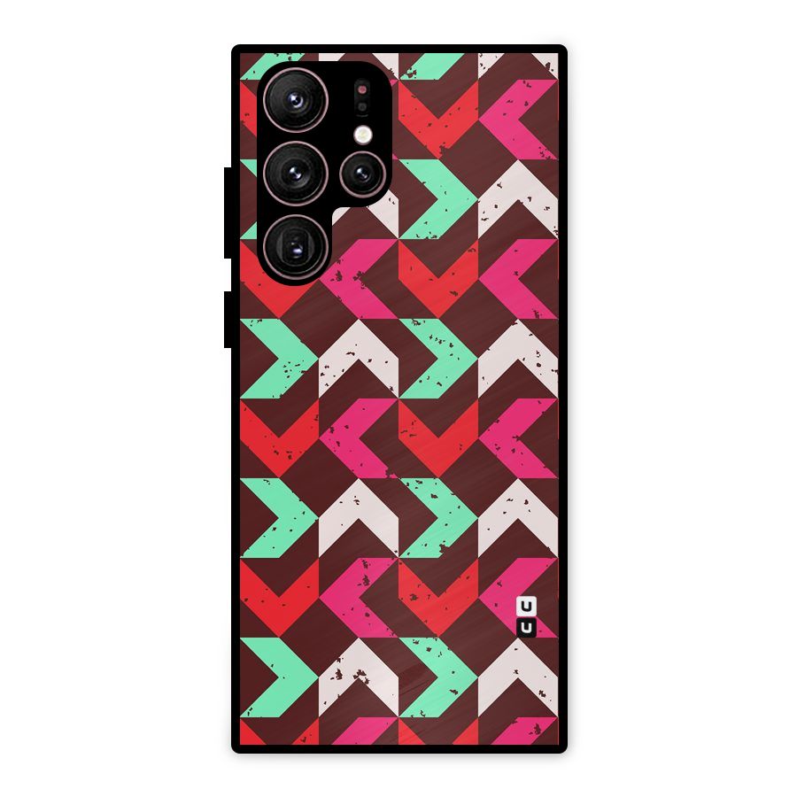 Retro Red Pink Pattern Metal Back Case for Galaxy S22 Ultra 5G