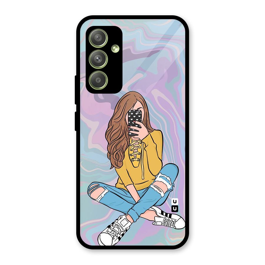 Selfie Girl Illustration Glass Back Case for Galaxy A54