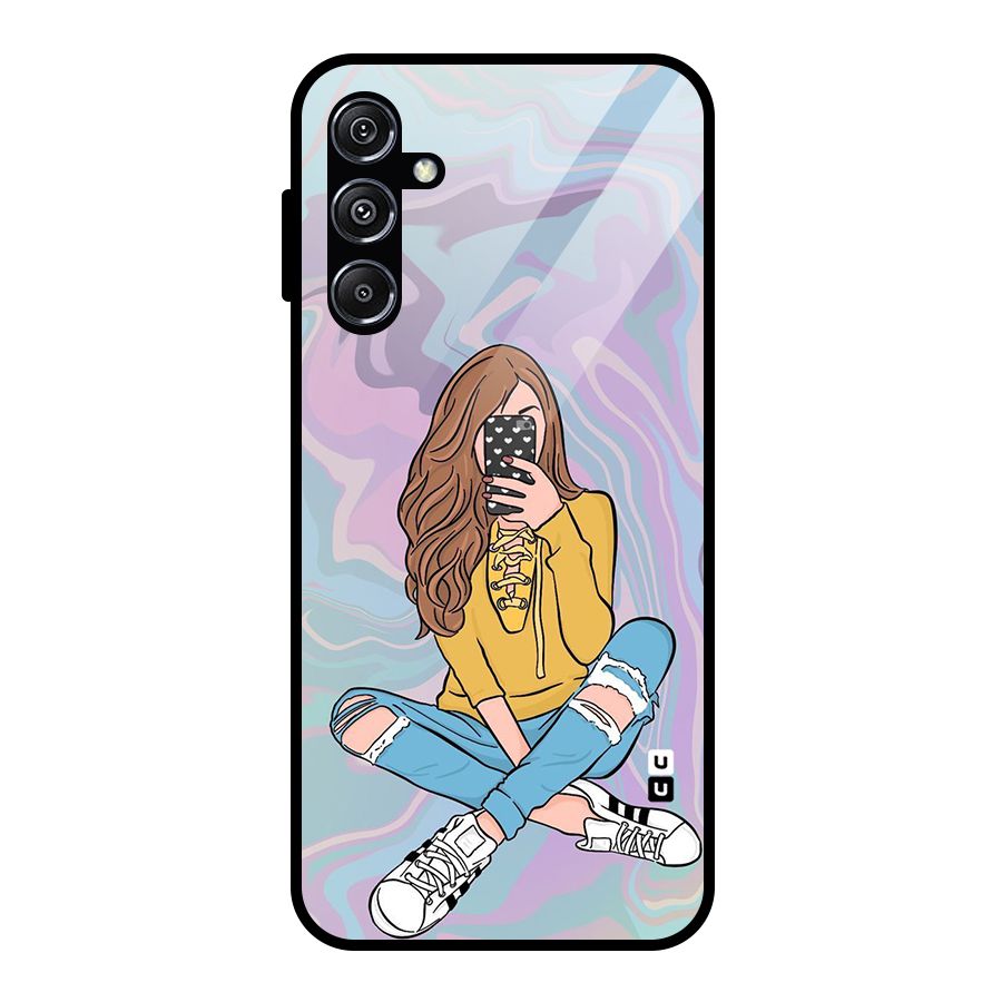 Selfie Girl Illustration Glass Back Case for Galaxy M34 5G