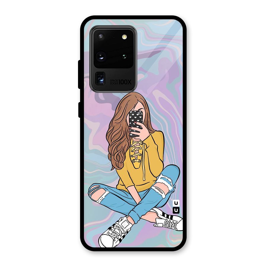 Selfie Girl Illustration Glass Back Case for Galaxy S20 Ultra