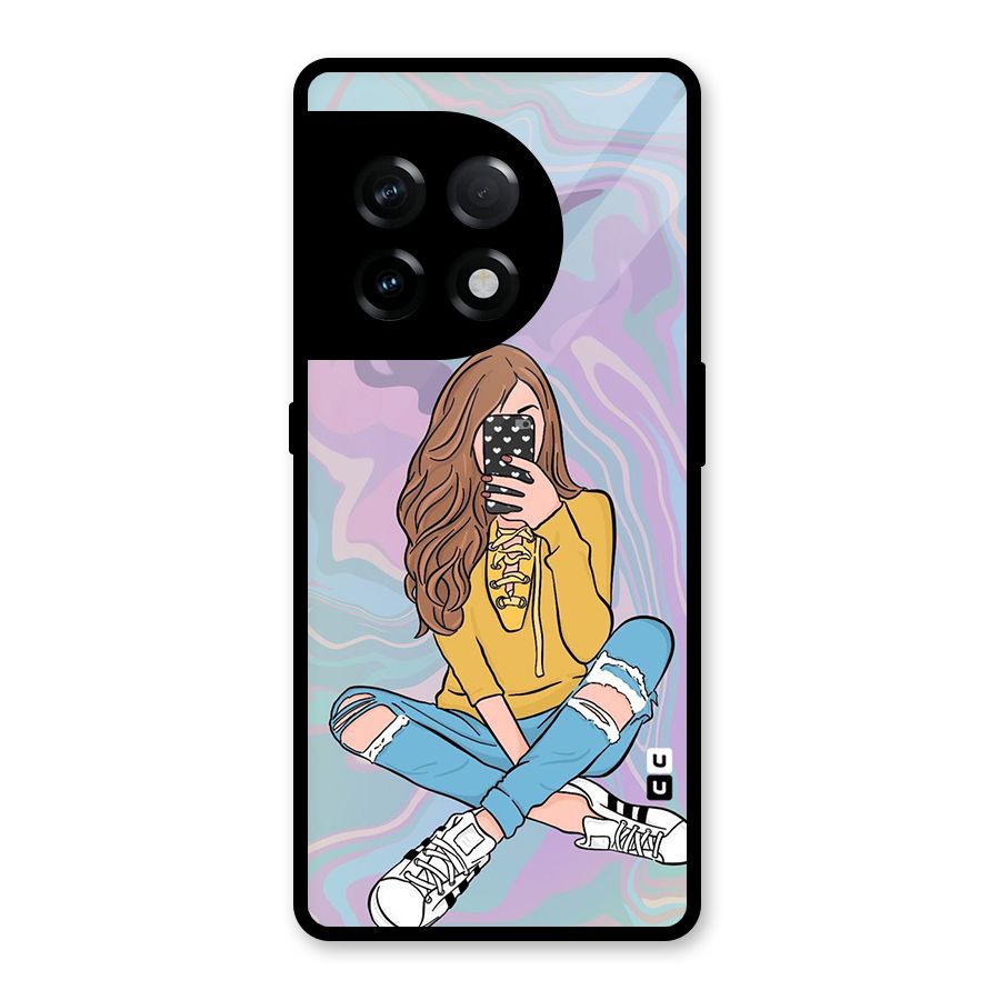 Selfie Girl Illustration Glass Back Case for OnePlus 11R