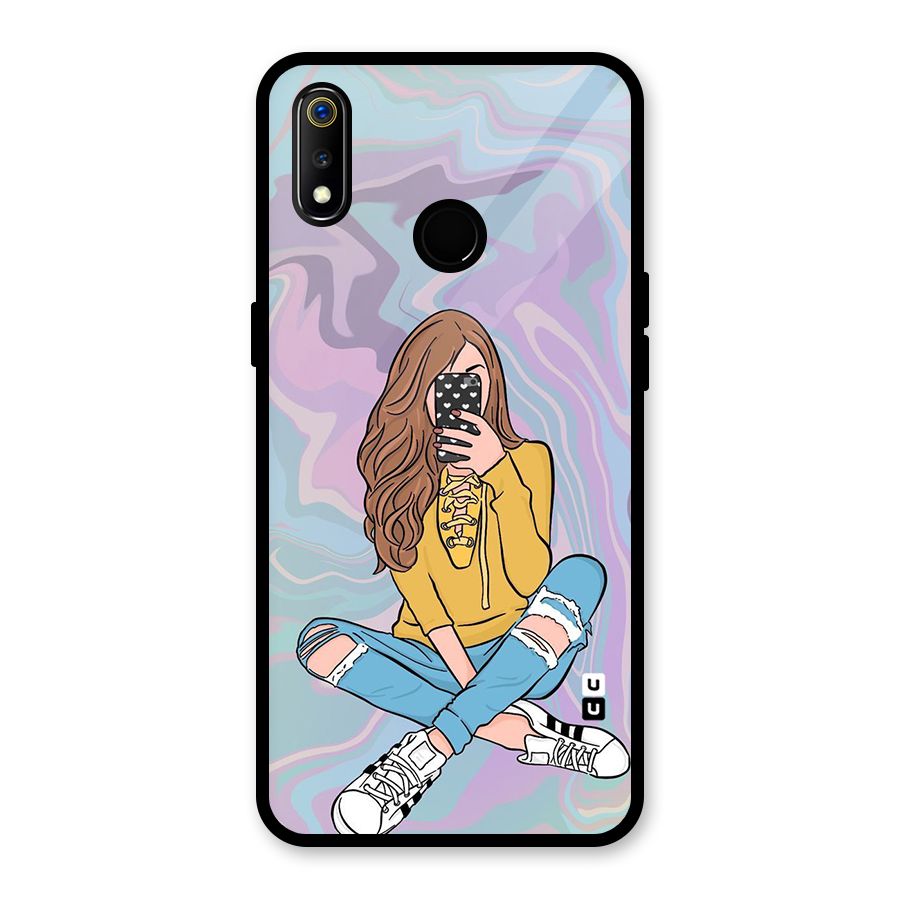 Selfie Girl Illustration Glass Back Case for Realme 3i